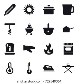 16 vector icon set : sun, pan, cup, corkscrew, bbq, saute pan, kettle, cook glove, thermometer, iron, iron board