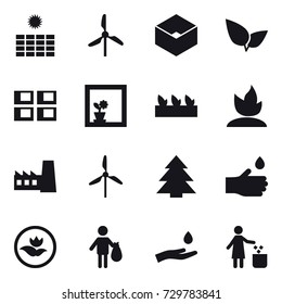16 vector icon set : sun power, windmill, box, panel house, flower in window, seedling, sprouting, factory, spruce, hand drop, ecology, trash, hand and drop, garbage bin