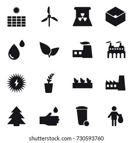 16 vector icon set : sun power, windmill, nuclear power, box, seedling, factory, spruce, hand drop, trash bin, trash