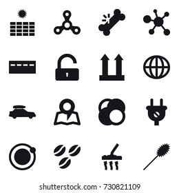 16 vector icon set : sun power, spinner, bunker, unlock, globe, car baggage, map, coffee seeds, vacuum cleaner, duster