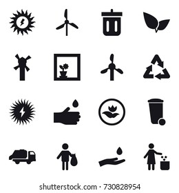 16 vector icon set : sun power, windmill, bin, flower in window, hand drop, ecology, trash bin, trash truck, trash, hand and drop, garbage bin