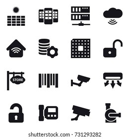 16 vector icon set : sun power, server, cloud wireless, wireless home, virtual mining, cpu, unlock, store signboard, surveillance, air conditioning, unlocked, intercome, water pump