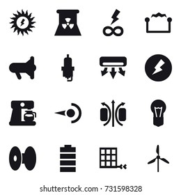 16 vector icon set : sun power, nuclear power, infinity power, electrostatic, megafon, spark plug, air conditioning, electricity, coffee maker, windmill