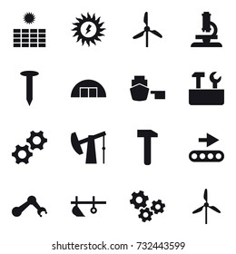 16 vector icon set : sun power, windmill, microscope, nail, hangare, repair tools, plow, gears