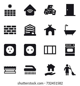 16 vector icon set : sun power, wireless home, modern architecture, door, brick wall, bungalow, bath, power socket, window, sponge, brush, housing, brooming