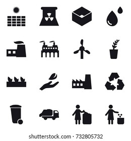 16 vector icon set : sun power, nuclear power, box, seedling, hand leaf, factory, recycling, trash bin, trash truck, garbage bin
