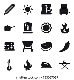 16 vector icon set : sun, coffee maker, toaster, saute pan, kettle, hot pepper, thermometer, fire, iron, iron board