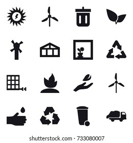 16 vector icon set : sun power, windmill, bin, greenhouse, flower in window, sprouting, hand leaf, hand drop, recycling, trash bin, trash truck