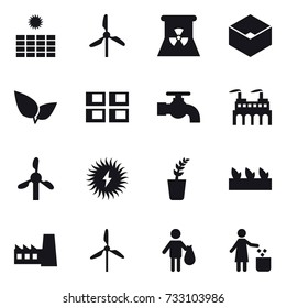16 vector icon set : sun power, windmill, nuclear power, box, panel house, water tap, seedling, factory, trash, garbage bin