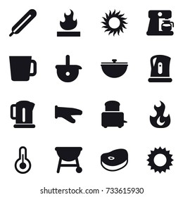 16 vector icon set : sun, coffee maker, cup, cauldron, kettle, cook glove