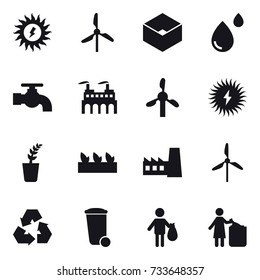 16 vector icon set : sun power, windmill, box, water tap, seedling, factory, recycling, trash bin, trash, garbage bin