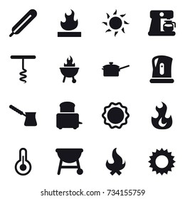16 vector icon set : sun, coffee maker, corkscrew, bbq, saute pan, kettle, turk, fire