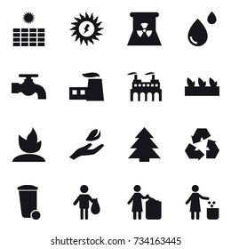 16 vector icon set : sun power, nuclear power, water tap, seedling, sprouting, hand leaf, spruce, recycling, trash bin, trash, garbage bin