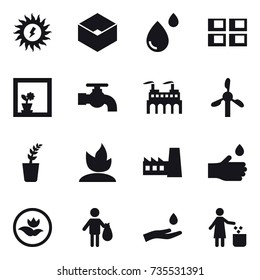 16 vector icon set : sun power, box, panel house, flower in window, water tap, seedling, sprouting, factory, hand drop, ecology, trash, hand and drop, garbage bin