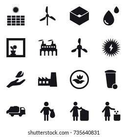 16 vector icon set : sun power, windmill, box, flower in window, hand leaf, factory, ecology, trash bin, trash truck, trash, garbage bin