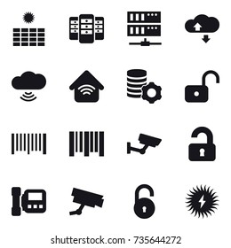 16 vector icon set : sun power, server, cloude service, cloud wireless, wireless home, virtual mining, unlock, barcode, surveillance, unlocked, intercome