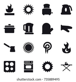 16 vector icon set : sun, toaster, kettle, pan, cook glove, turk, iron board