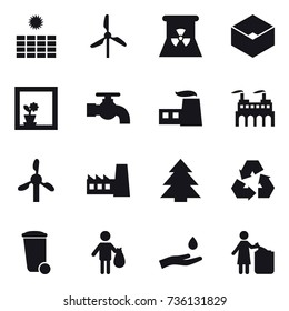 16 vector icon set : sun power, windmill, nuclear power, box, flower in window, water tap, factory, spruce, recycling, trash bin, trash, hand and drop, garbage bin