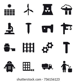 16 vector icon set : sun power, windmill, nuclear power, factory filter, microscope, nail, slum, tower crane, sweeper, garbage bin