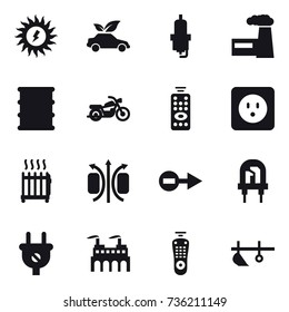 16 vector icon set : sun power, eco car, spark plug, factory, motorcycle, remote control, power socket, radiator, plow