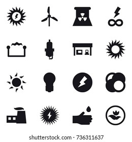 16 vector icon set : sun power, windmill, nuclear power, infinity power, electrostatic, spark plug, gas station, sun, bulb, electricity, hand drop, ecology
