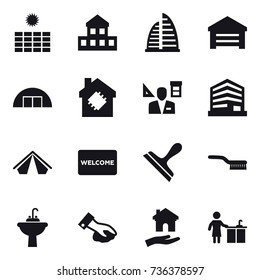 16 vector icon set : sun power, cottage, skyscraper, garage, hangare, smart house, architector, tent, welcome mat, scraper, brush, water tap sink, wiping, housing, kitchen cleaning