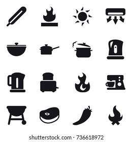 16 vector icon set : sun, air conditioning, cauldron, saute pan, steam pan, kettle, hot pepper, fire
