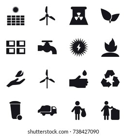 16 vector icon set : sun power, windmill, nuclear power, panel house, water tap, sprouting, hand leaf, hand drop, recycling, trash bin, trash truck, trash, garbage bin