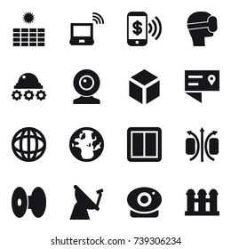 16 vector icon set : sun power, notebook wireless, phone pay, virtual mask, lunar rover, web cam, 3d, power switch, grain elevator