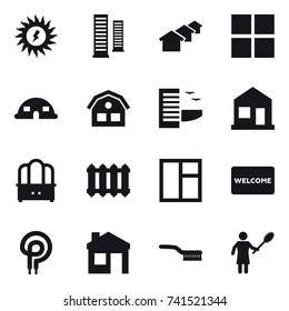 16 vector icon set : sun power, skyscrapers, houses, window, dome house, house, hotel, home, dresser, radiator, welcome mat, brush, woman with pipidaster