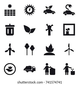 16 vector icon set : sun power, eco car, electric car, bin, windmill, flower in window, trees, sprouting, ecology, trash truck, garbage bin
