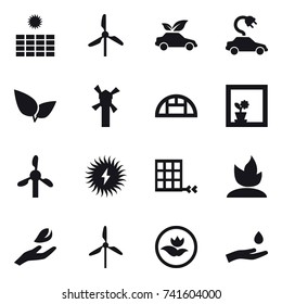 16 vector icon set : sun power, windmill, eco car, electric car, greenhouse, flower in window, sprouting, hand leaf, ecology, hand and drop