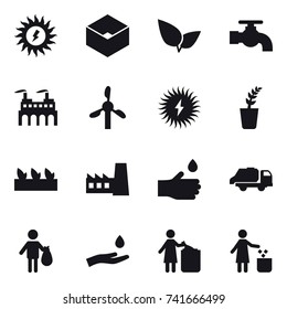16 vector icon set : sun power, box, water tap, seedling, factory, hand drop, trash truck, trash, hand and drop, garbage bin