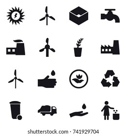 16 vector icon set : sun power, windmill, box, water tap, seedling, factory, hand drop, ecology, recycling, trash bin, trash truck, hand and drop, garbage bin