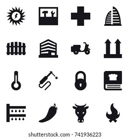 16 vector icon set : sun power, tools, skyscraper, fence, thermometer, watering, hot pepper, cow, fire