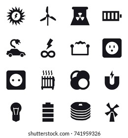 16 vector icon set : sun power, windmill, nuclear power, battery, electric car, infinity power, electrostatic, power socket, radiator