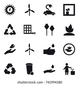 16 vector icon set : sun power, windmill, electric car, flower in window, trees, sprouting, hand leaf, hand drop, ecology, recycling, trash bin, hand and drop, garbage bin