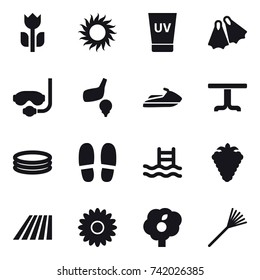 16 vector icon set : sun, uv cream, flippers, diving mask, golf, jet ski, table, inflatable pool, slippers, pool, berry, field, flower, garden, rake