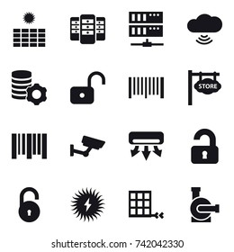16 vector icon set : sun power, server, cloud wireless, virtual mining, unlock, barcode, store signboard, surveillance, air conditioning, unlocked, water pump