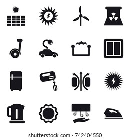 16 vector icon set : sun power, windmill, nuclear power, segway, electric car, electrostatic, power switch, fridge, mixer, kettle, hand dryer, iron