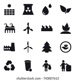 16 vector icon set : sun power, nuclear power, seedling, sprouting, factory, windmill, spruce, ecology, recycling, trash bin, trash, garbage bin