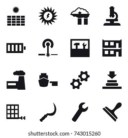 16 vector icon set : sun power, factory filter, microscope, battery, laser, tools, modular house, factory, sickle, wrench, scraper