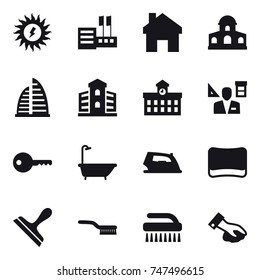 16 vector icon set : sun power, store, home, mansion, skyscraper, building, university, architector, key, bath, iron, sponge, scraper, brush, wiping