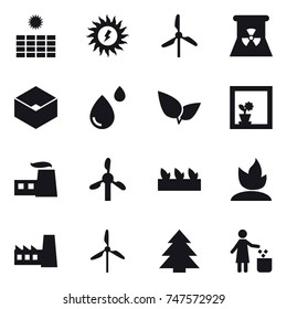 16 vector icon set : sun power, windmill, nuclear power, box, flower in window, seedling, sprouting, factory, spruce, garbage bin