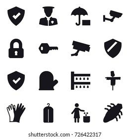 16 vector icon set : surveillance, locked, key, cook glove, watering, scarecrow, gloves, dry wash, garbage bin, bug