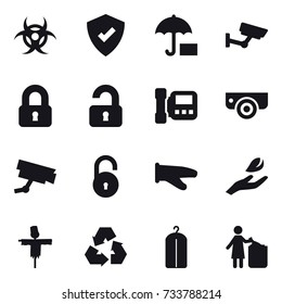 16 vector icon set : surveillance, locked, unlocked, intercome, surveillance camera, cook glove, hand leaf, scarecrow, recycling, dry wash, garbage bin