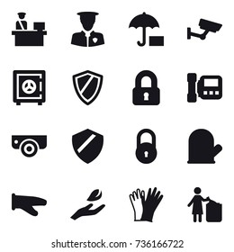 16 vector icon set : surveillance, safe, shield, locked, intercome, surveillance camera, cook glove, hand leaf, gloves, garbage bin