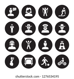 16 vector icon set : Swear, Playing with a Ball, Playpen, pregnant, Princess face, Person Biking, Showering, Russian man Sailor face isolated on black background