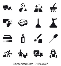 16 vector icon set : sweeper, vacuum cleaner, clean floor, wiping, sponge with foam, plunger, brush, toilet cleanser, toilet brush, duster, toilet cleaning, home call cleaning, cleaner