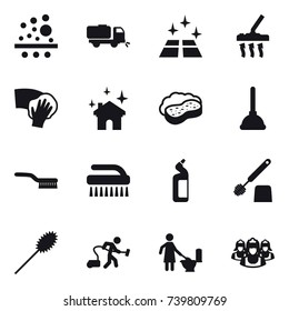 16 vector icon set : sweeper, clean floor, vacuum cleaner, wiping, house cleaning, sponge with foam, plunger, brush, toilet cleanser, toilet brush, duster, toilet cleaning, outsource